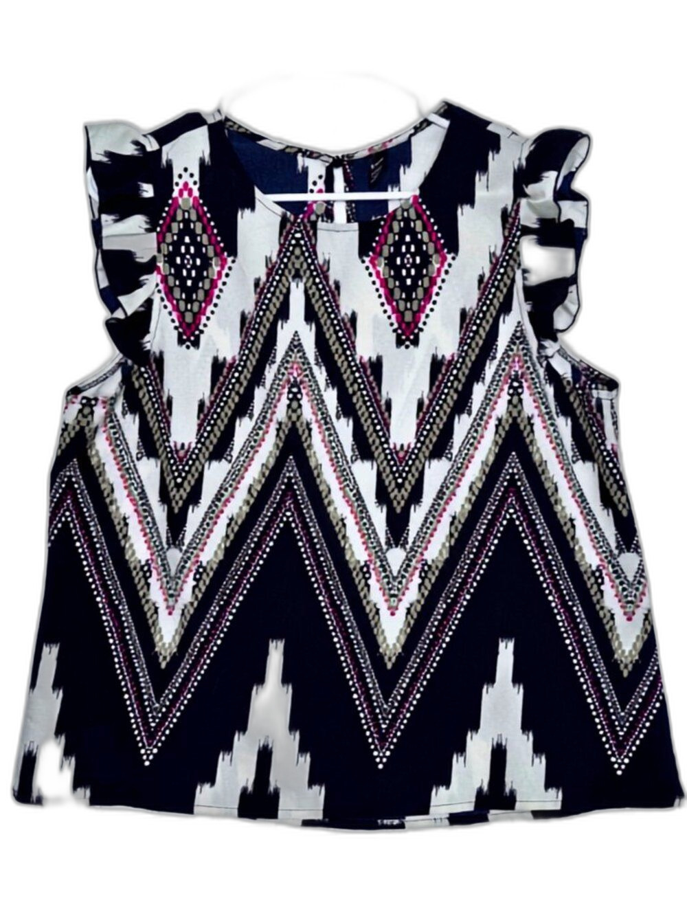 SHEIN Geometric Tribal Print Blouse w/ Ruffled Trim Short Sleeves -Large 8/10